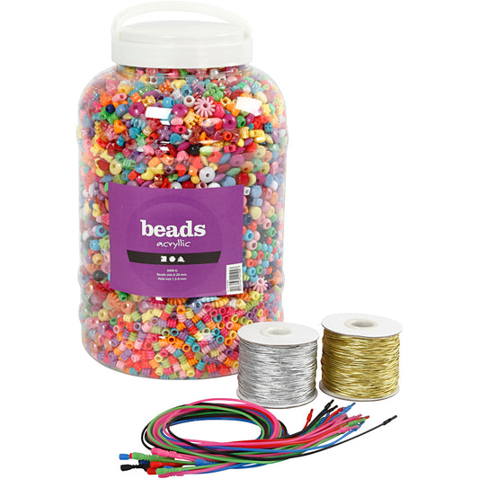Bucket Containing Plastic Beads, Elastic Cord and Bracelets